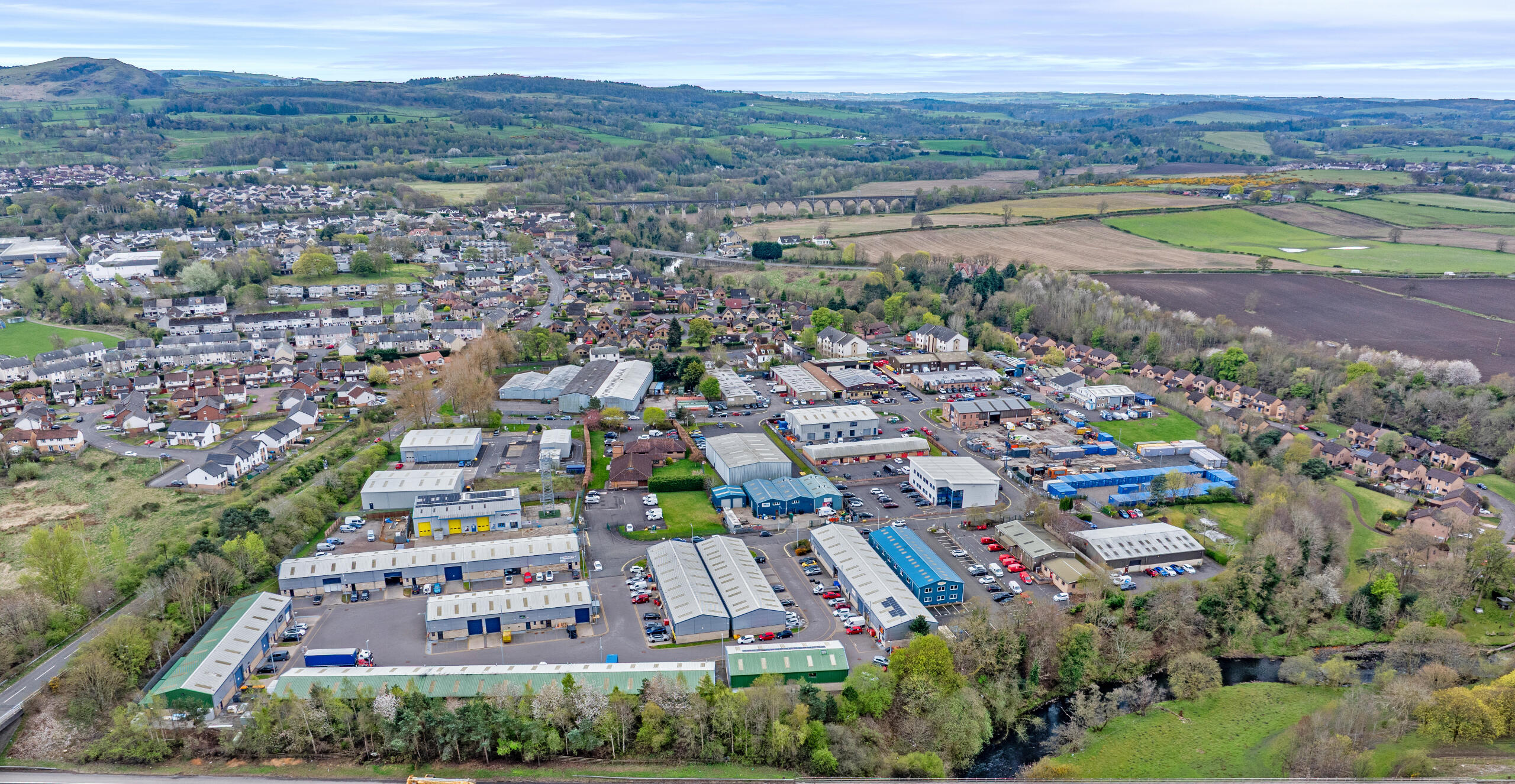 Aerial photo of Mill Road Industrial Estate in Linlithgow, home to Boxxs Self Storage serving Bo’ness and West Lothian customers