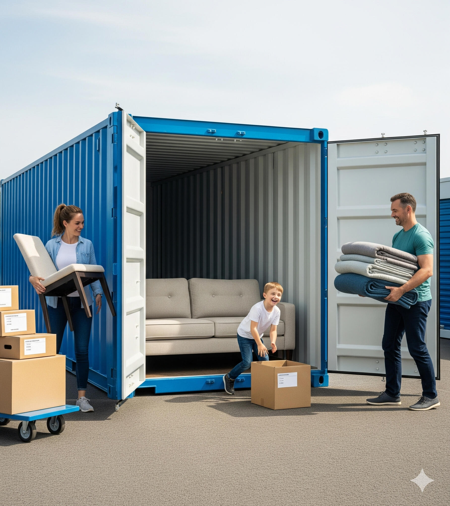 Family loading household items into a Boxxs self storage container Family loading furniture and boxes into a Boxxs self storage container at Linlithgow, convenient for Bo’ness household storage needs