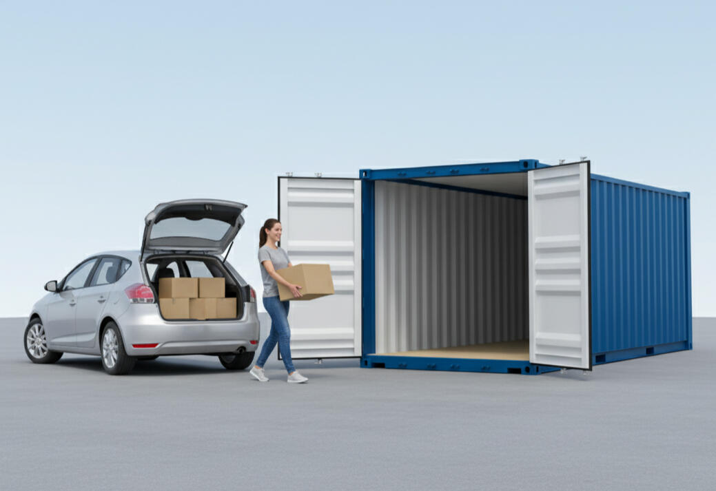 Woman unloading household boxes into a Boxxs self storage container at Linlithgow, providing secure and convenient storage for Bo’ness and West Lothian customers
