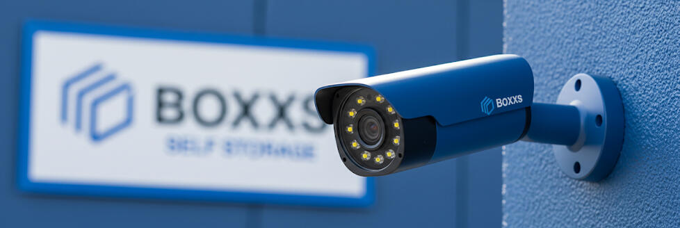 Modern CCTV security camera with Boxxs Self Storage logo at the Linlithgow site, ensuring 24/7 protection for Bo’ness and West Lothian customers