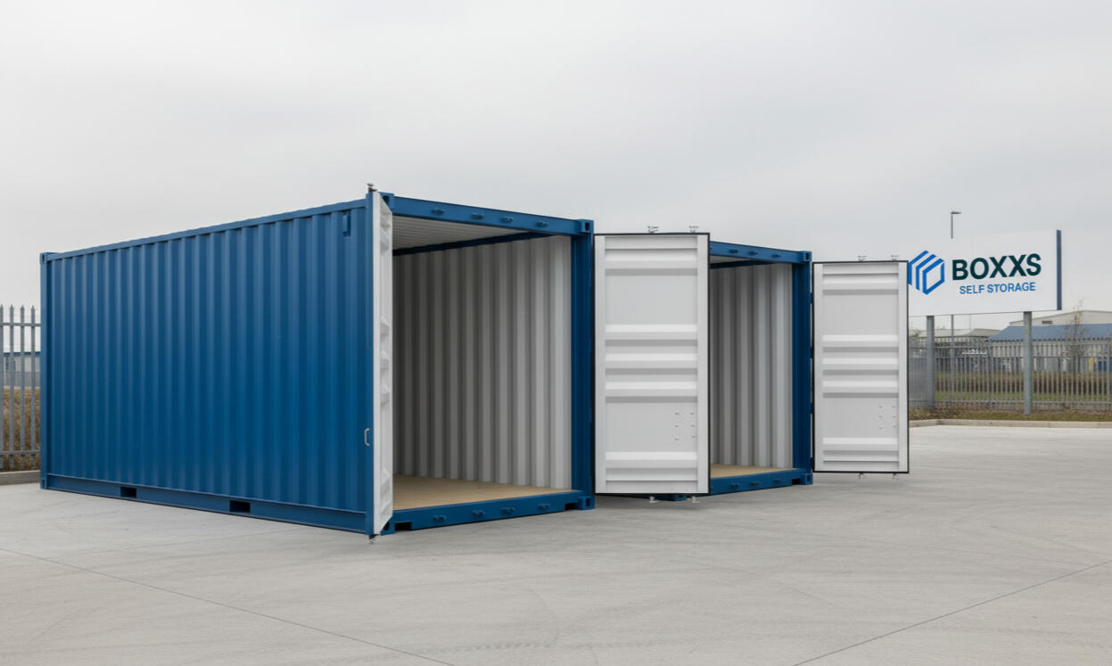 Two Boxxs self storage containers with doors open in Linlithgow Two brand-new Boxxs self storage containers with doors open at the Linlithgow site, providing clean and secure storage for Bo’ness and West Lothian customers